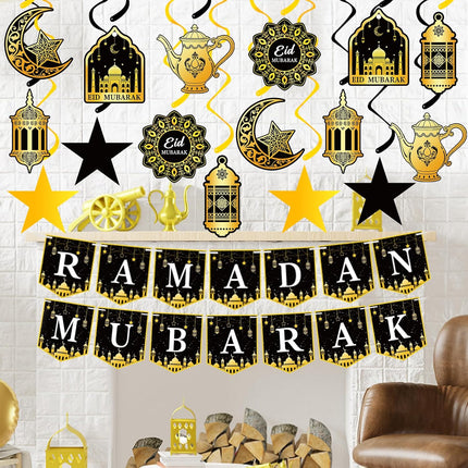 34Pcs Ramadan Decorations – Eid Mubarak Banner, Star, Moon & Lantern Hanging Swirls