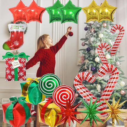 Christmas Mylar Balloons – Candy Cane Swirl, Stocking, Star & Gift Box Decorations