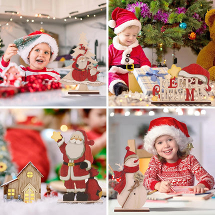 5PCS Rustic Wooden Christmas Tabletop Decor – Snowman, Reindeer & Santa