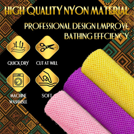 3 Pack African Exfoliating Net Sponge Long Nylon Body Back Scrubber Pink Yellow Purple