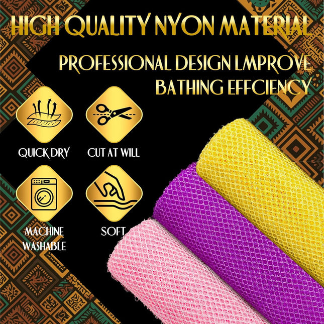 3 Pack African Exfoliating Net Sponge Long Nylon Body Back Scrubber Pink Yellow Purple