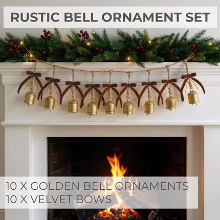 10PCS Rustic Golden Bells & Velvet Bows, Farmhouse Christmas Tree Ornaments Set