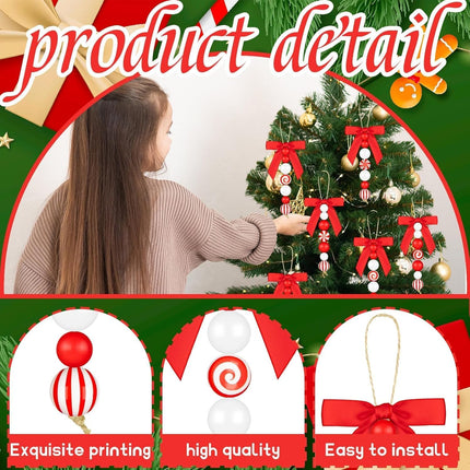 12 Sets Candy Cane Christmas Ornaments – Rustic Wood & Bead Decor with Bows