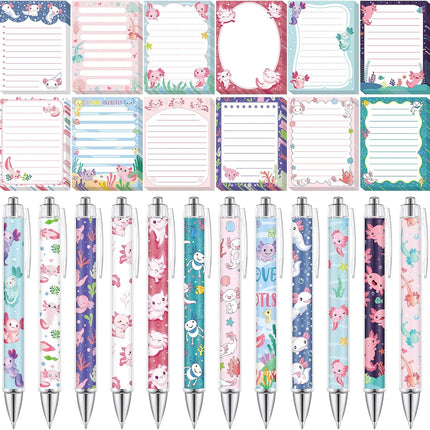 24 Pcs Axolotl Sticky Notes with Pens – 3x4 Inch, Cute Animal To-Do List, Black Ink