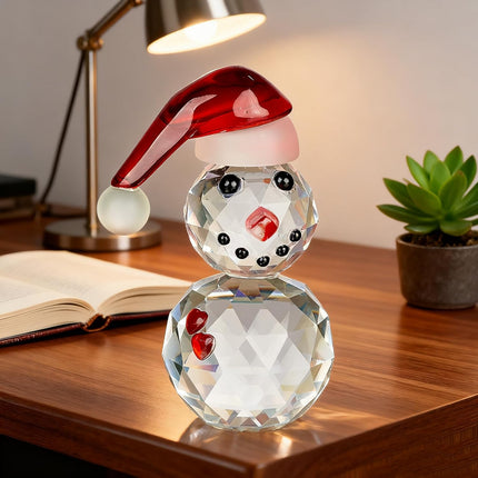 Christmas Glass Snowman Figurine | Red Hat Ornament & Paperweight