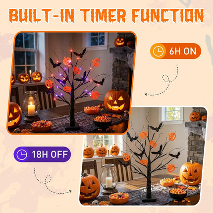 Halloween Lighted Black Tree, 24 Orange & Purple LED Lights, 22in Table Decor