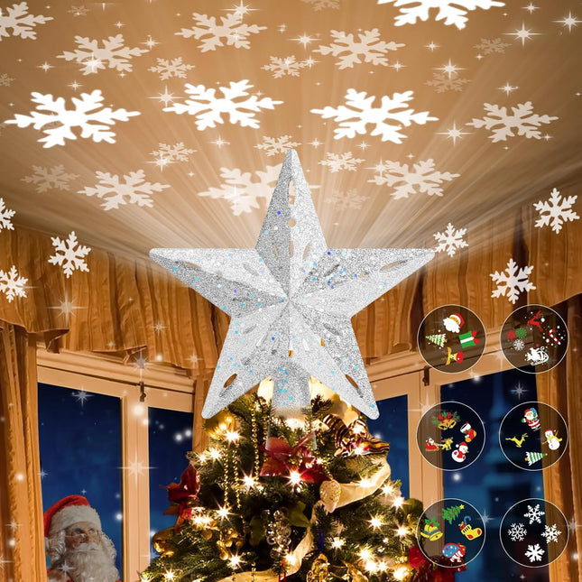 Silver Star Tree Topper – Built-in LED Rotating Projector, 6 Lighting Modes