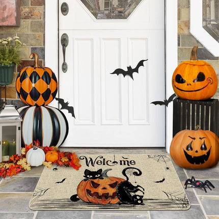 Halloween Door Mat 17x29in, Cat Pumpkin Welcome Rug for Front Door Outdoor Decor
