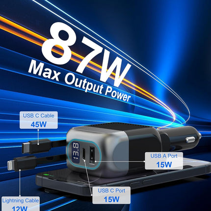 87W Retractable Car Charger, 4-in-1 USB C Fast Charging Adapter with Cable
