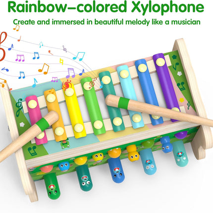 6-in-1 Montessori Wooden Toy – Mole Game, Xylophone & Clock for Ages 1–4