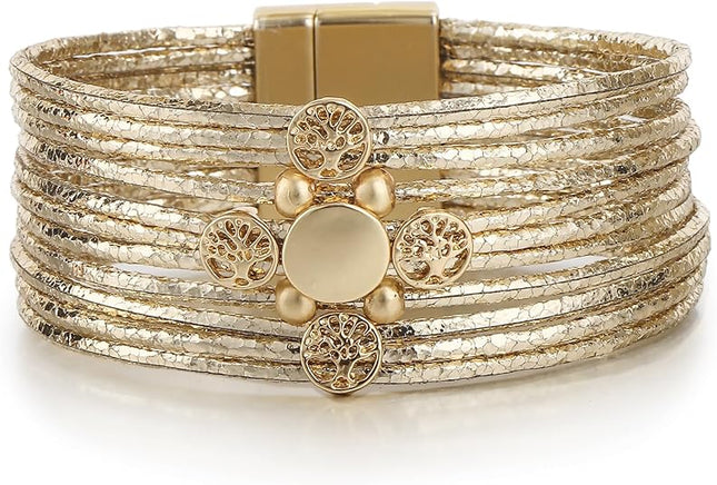 Leather Wrap Bracelet for Women – Boho Multi-Layer Cuff with Crystal Heart Beads