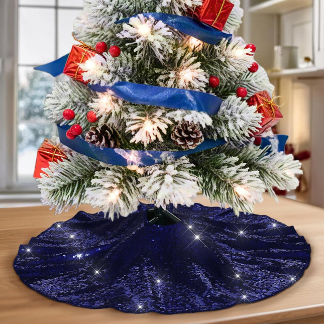 Blue Sequin Christmas Tree Skirt 24" – Sparkling Tabletop Mat for Xmas Parties