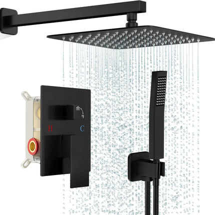 Wall Mounted Black Shower Faucet Set, Rainfall 10" Square Head with Valve Kit