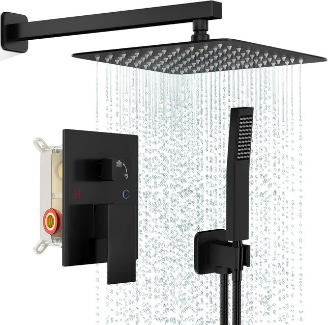 Wall Mounted Black Shower Faucet Set, Rainfall 10" Square Head with Valve Kit