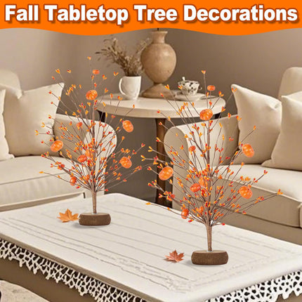 2-Pack 15" Orange Artificial Fall Trees with Pumpkins & Berries – Thanksgiving Décor