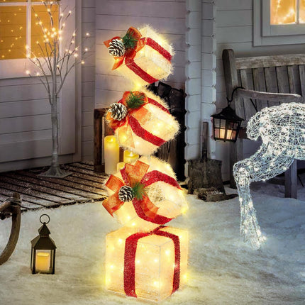 4-Pack Lighted Christmas Nesting Gift Boxes, 2.8ft, Battery Timer for Holiday Decor