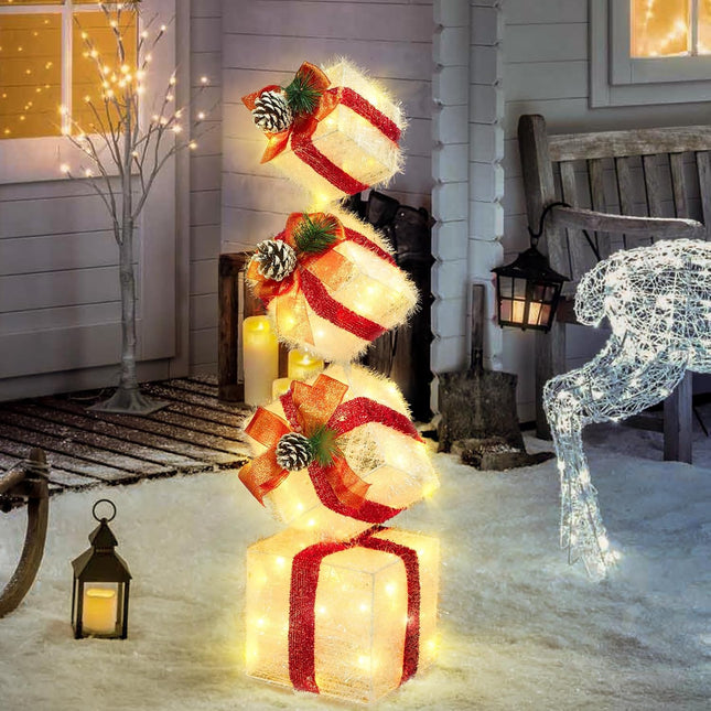 4-Pack Lighted Christmas Nesting Gift Boxes, 2.8ft, Battery Timer for Holiday Decor
