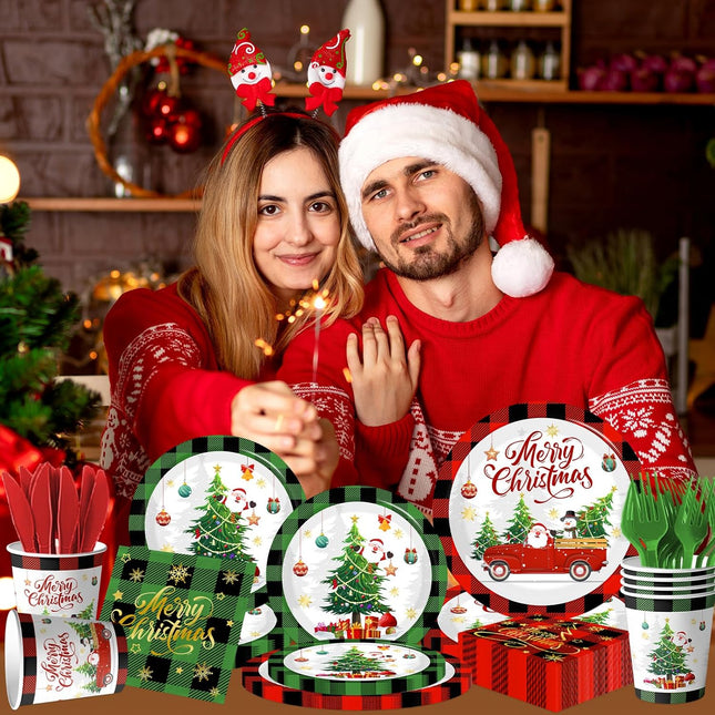 Christmas Paper Plates and Napkins, Buffalo Plaid Red & Green with Xmas Tree Design