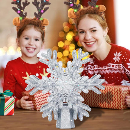 3D Silver Snowflake Projector Christmas Tree Topper - Hollow Pattern Holiday Decor