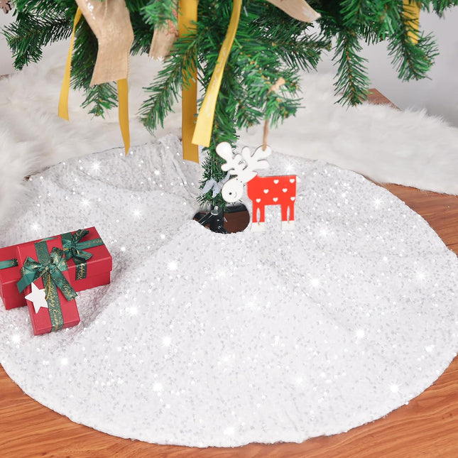 24" White Velvet Mini Tree Skirt – Glitter Sequin Small Tabletop Christmas Decor