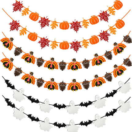 6-Piece Fall Thanksgiving & Halloween Felt Garland, Pumpkin Leaves Turkey Ghost Decor