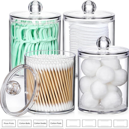 4-Pack Clear Acrylic Qtip Holder Dispensers, Cotton Swab Ball Floss Storage Jars