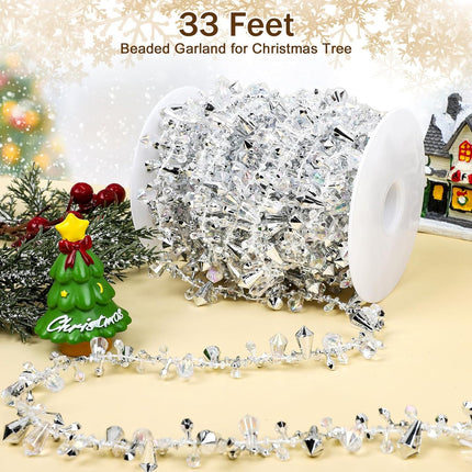 33ft Silver Christmas Tree Bead Garland – Clear Iridescent Twist String Decoration