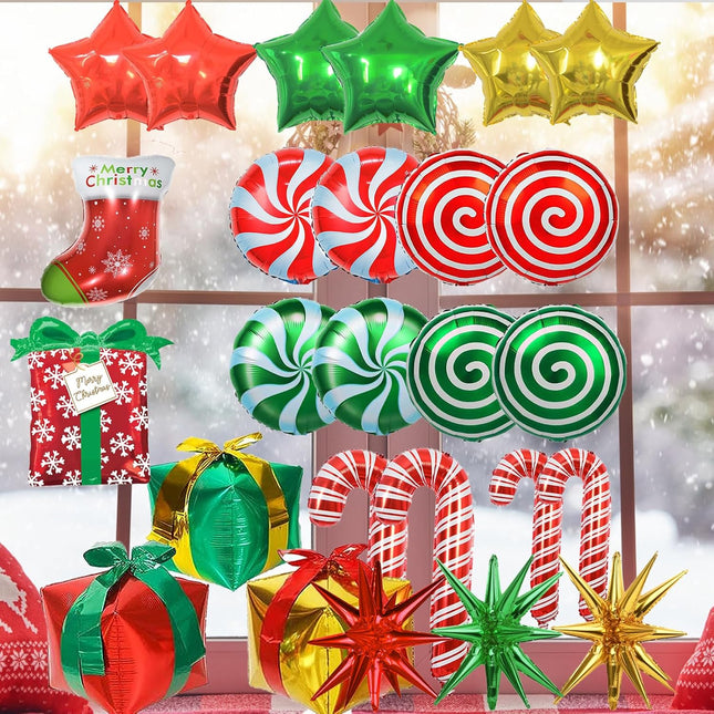 Christmas Mylar Balloons – Candy Cane Swirl, Stocking, Star & Gift Box Decorations