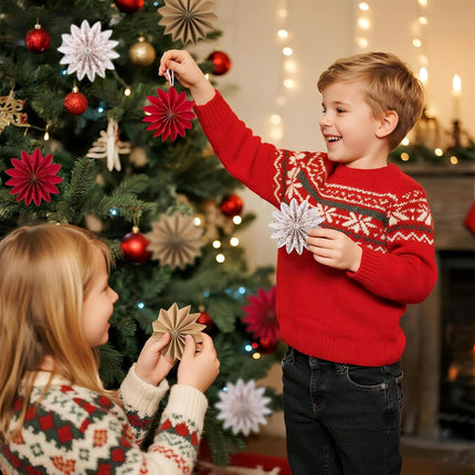 9-Piece Christmas Hanging Decorations, 3D Snowflake Ornaments in White, Red, and Brown