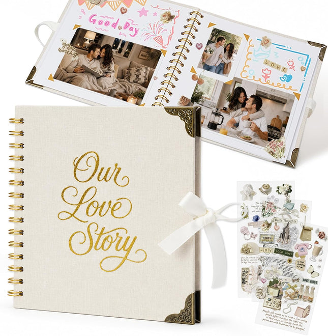 8x8 Inch Beige Linen Scrapbook Album, 40 Pages, Spiral Bound Our Love Story Memory Book