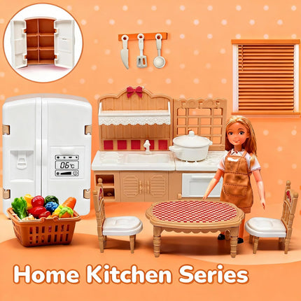 38-Piece Dollhouse Furniture Set – Mini Kitchen, Bedroom, Living Room & Pets