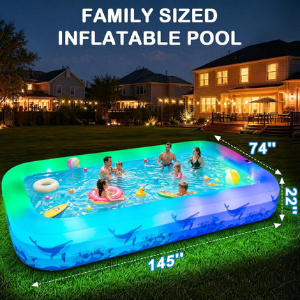 12FT Inflatable Pool with Solar Light Family Swimming Pool for Kids Adults