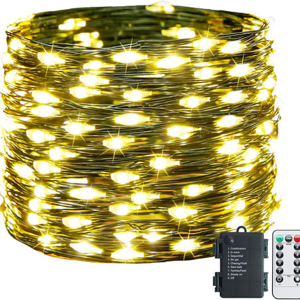 Green Wire 100 LED Fairy Lights – Battery & Remote, Warm White for Christmas
