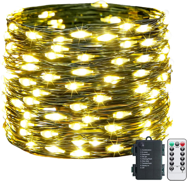 Green Wire 100 LED Fairy Lights – Battery & Remote, Warm White for Christmas
