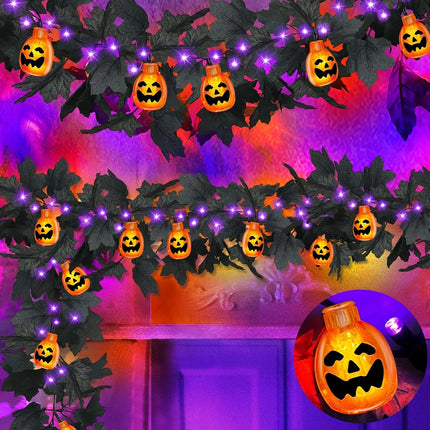 2-Pack 13FT Halloween Maple Leaf Garland, 40 LED Pumpkin Lights, Timer, Mantel Decor