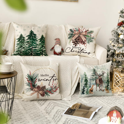 Christmas Decor Pillow Covers 18x18 – Snowflakes, Reindeer, Trees, Set of 4