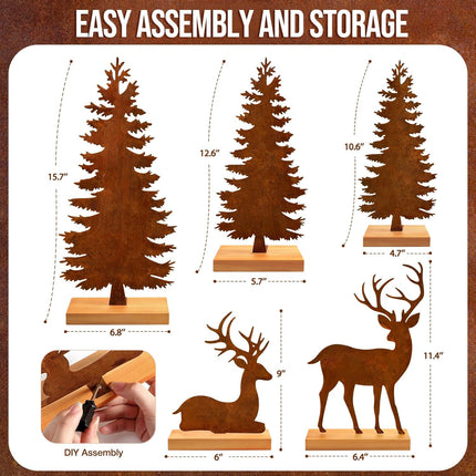 5Pc Metal Christmas Table Decor Rustic Tree & Deer Centerpieces for Shelf/Fireplace