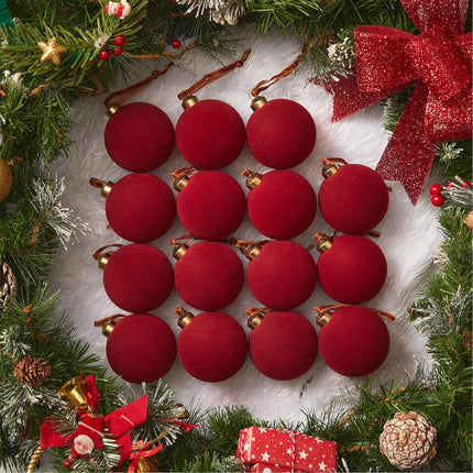 15PCS Velvet Christmas Balls Red Flocked Ornaments for Tree & Party Decor