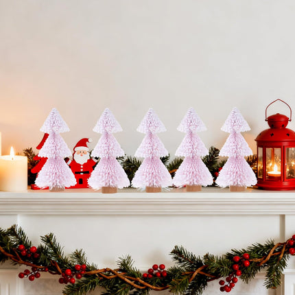 5PCS Mini Christmas Trees Pink Bottle Brush Trees with Wooden Base Decor