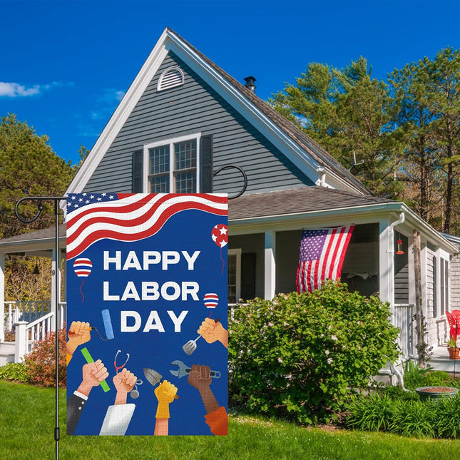 Happy Labor Day Garden Flag 12x18 Double Sided Burlap Tools USA Flag Only