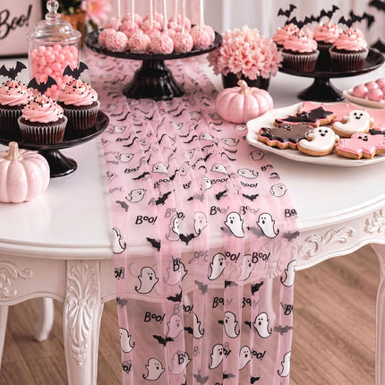 4-Pack Pink Halloween Table Runners 29x70in, Ghost & Bat Sheer Mesh Party Decor