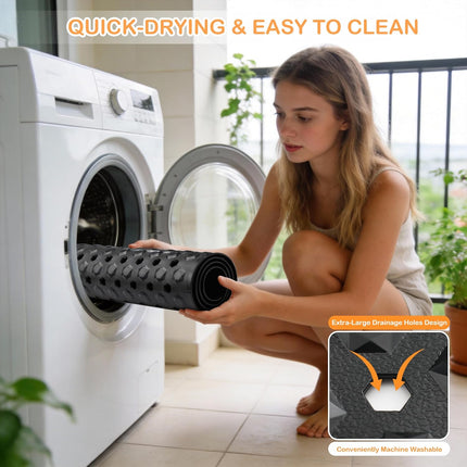 Long Shower Bath Mat with Strong Suction Cups Machine Washable Black