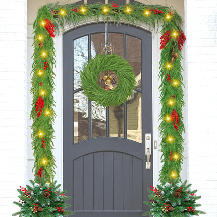 Christmas Garland 6FT – Lit Norfolk Pine with Pinecones, Berries & Bells