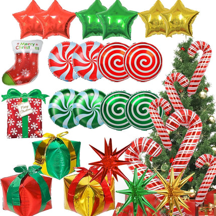 Christmas Mylar Balloons – Candy Cane Swirl, Stocking, Star & Gift Box Decorations