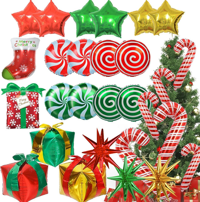 Christmas Mylar Balloons – Candy Cane Swirl, Stocking, Star & Gift Box Decorations