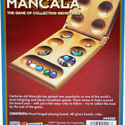 Classic Mancala Board Game Wooden Hinged Board 48 Glass Stones 2 Player