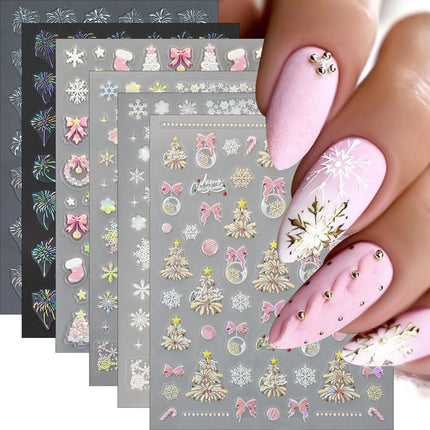 6 Sheets Christmas Nail Art Stickers – Snowflake, Christmas Tree & Colorful Snowflake Nail Decals