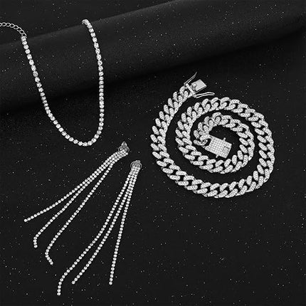 13-Piece Silver Jewelry Set for Women – Stainless Steel Cuban Link, CZ Earrings & More
