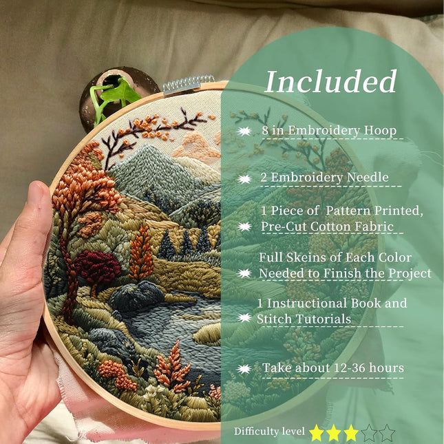 Boho Landscape Embroidery Kit for Beginners, Floral Hills Pattern with 8-Inch Hoop