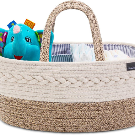 Baby Diaper Caddy Organizer – Portable Cotton Woven Basket, Adjustable Compartments
